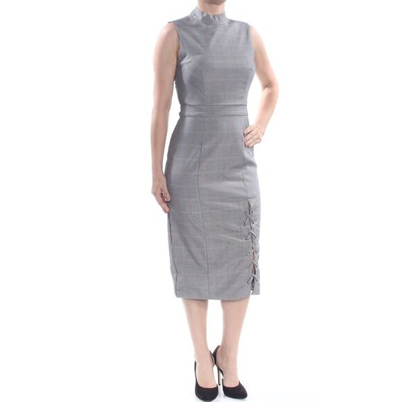 NWT XOXO Womens Gray Mock Neck Plaid Lace Up Midi Wear To Work Dress S - Picture 3 of 4